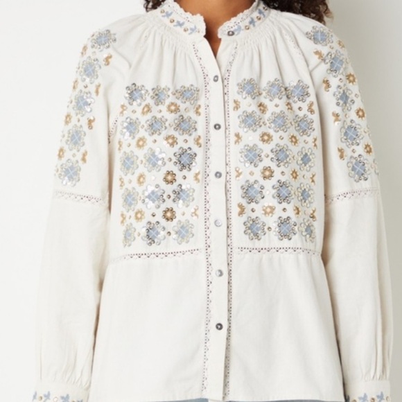 Antik Batik Tops - Antik Batik Cream Blouse with Blue and Gold Embroidery Blouse